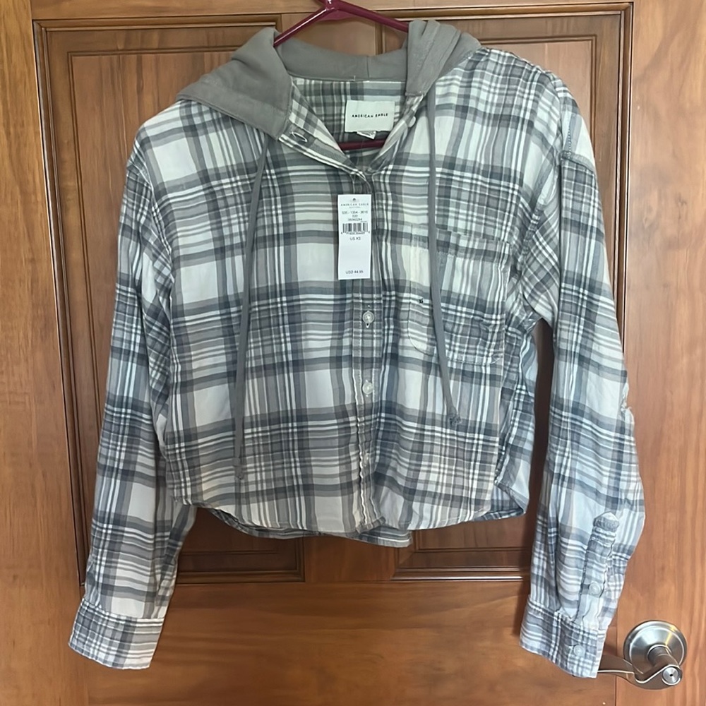 American Eagle lightweight cropped Flannel Hoodie